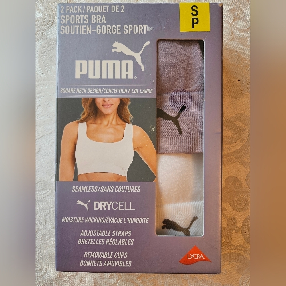 PUMA Women's Seamless Convertible Sports Bra, 2-pack, Size Small, White and Plum